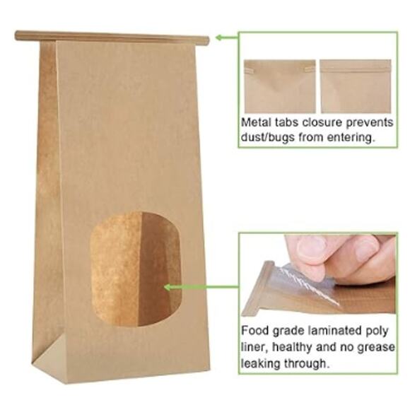 100pcs Bakery Bags with Window, Tin Tie Tab Paper Bags- Brown - Picture 4 of 5